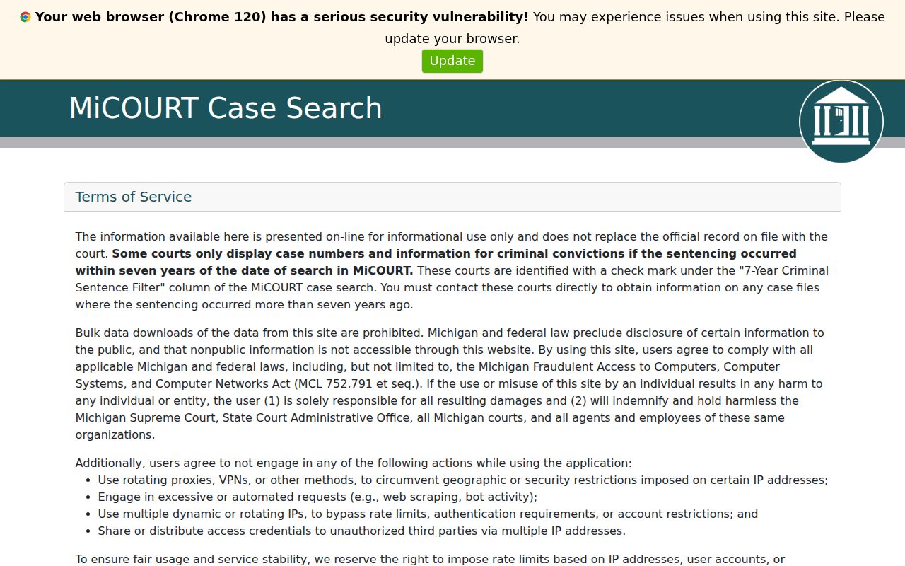 Calhoun County warrant lookup: public Michigan court case search landing screen