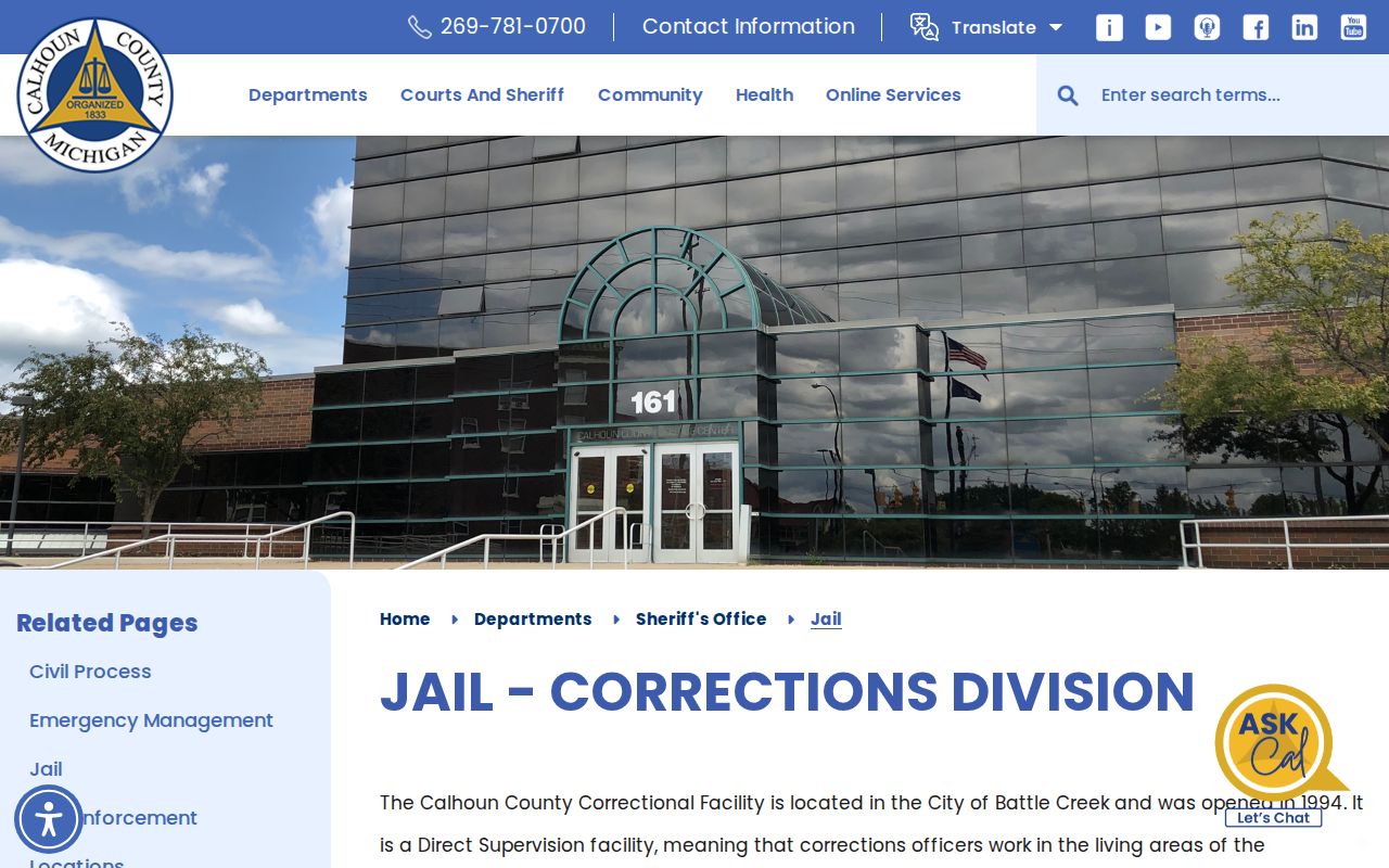 Calhoun County warrant records: correctional facility page for custody and booking questions