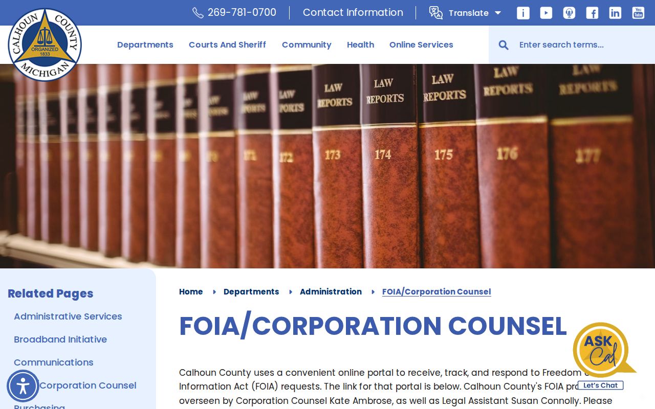 Calhoun County warrant lookup: county FOIA FAQ showing fees, response times, and court record limits
