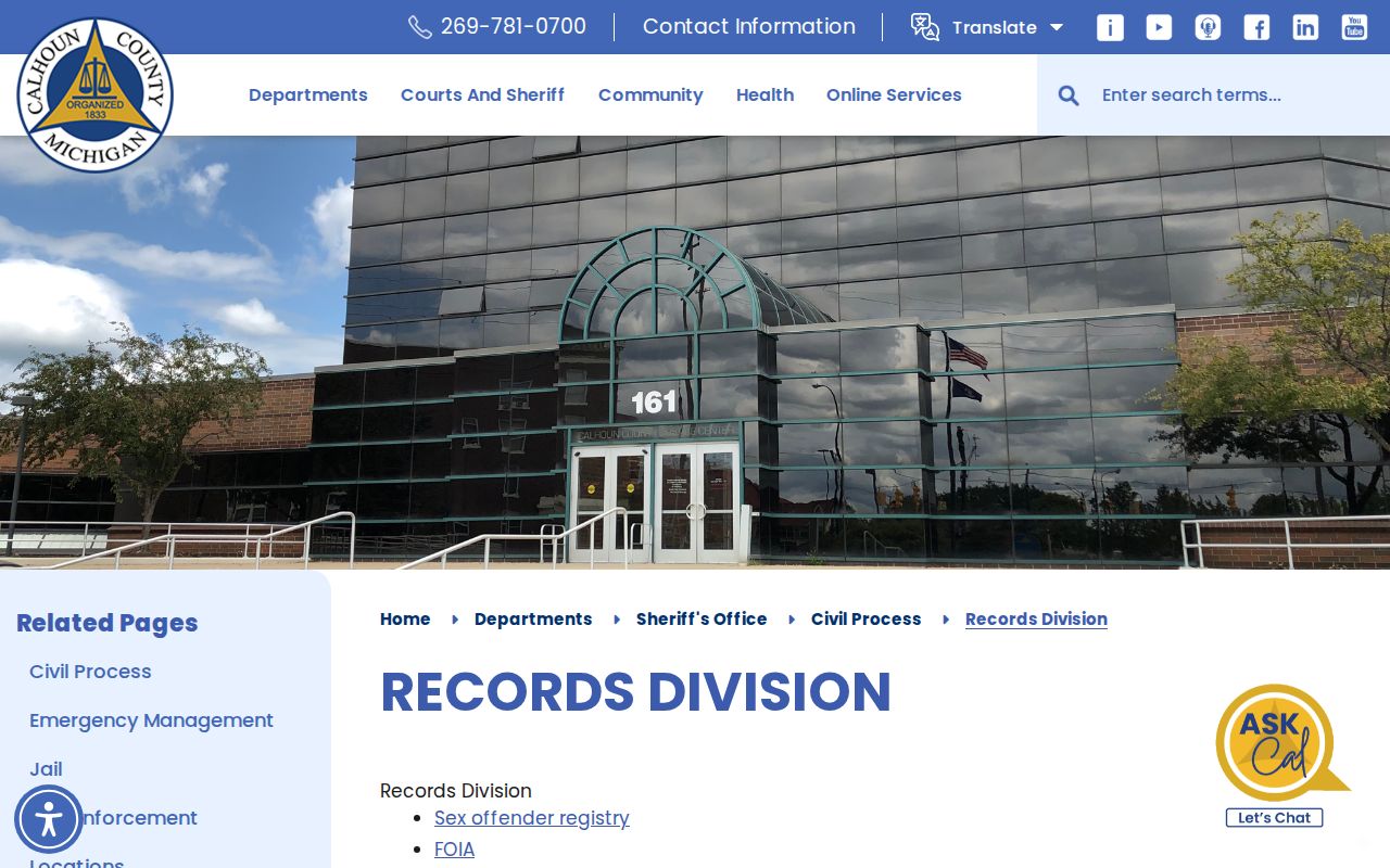 Calhoun County outstanding warrants: sheriff records division page with FOIA and records instructions