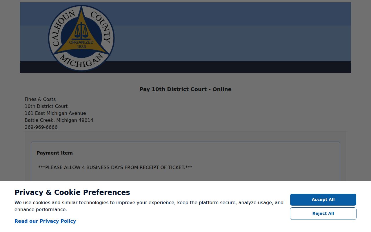 Calhoun County municipal warrant help: 10th District Court payment form fields and service fee warning