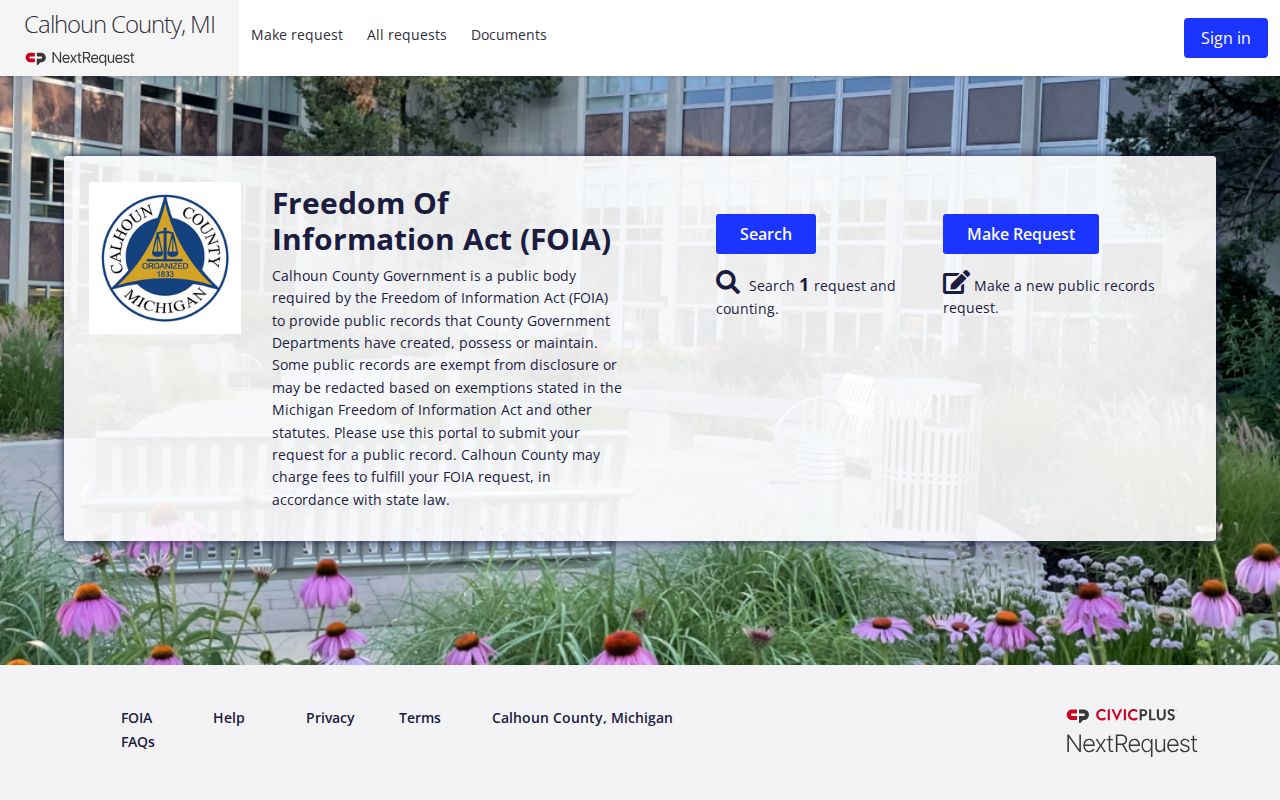 Calhoun County warrant records: county public records portal with search and request controls