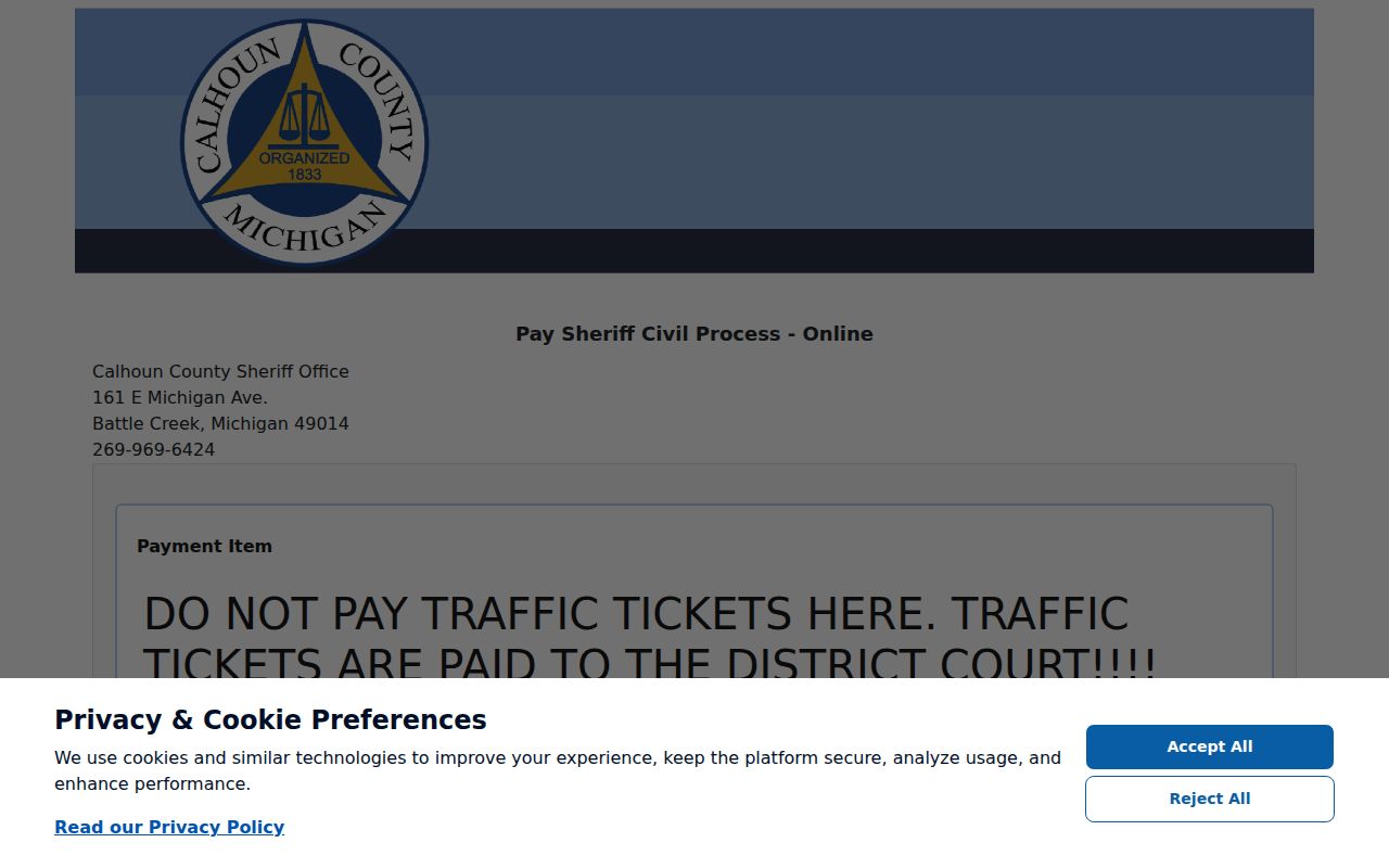 Calhoun County arrest warrant search: sheriff civil process payment form for service of civil papers