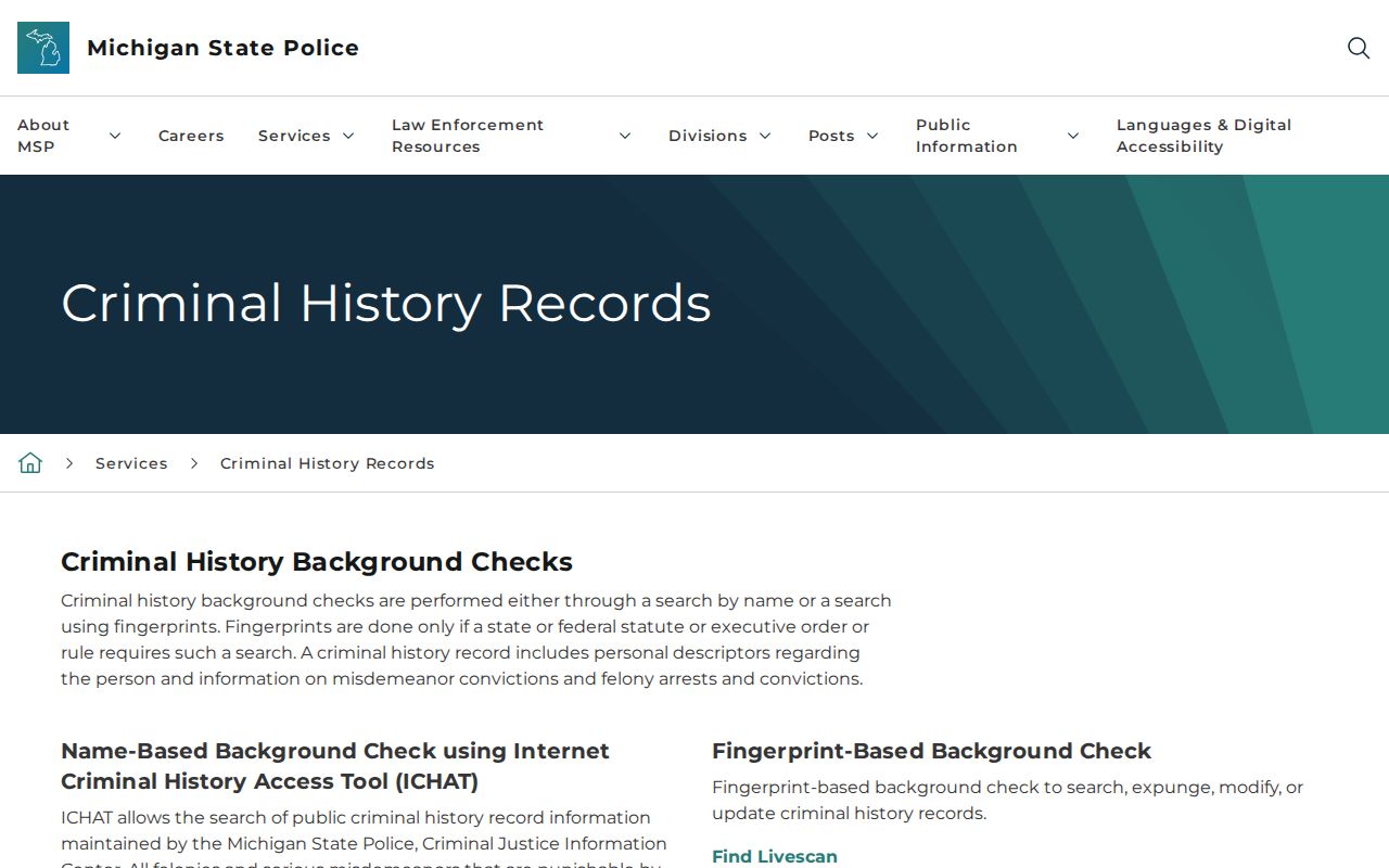 Calhoun County warrant lookup: Michigan State Police criminal history page noting warrant information limits