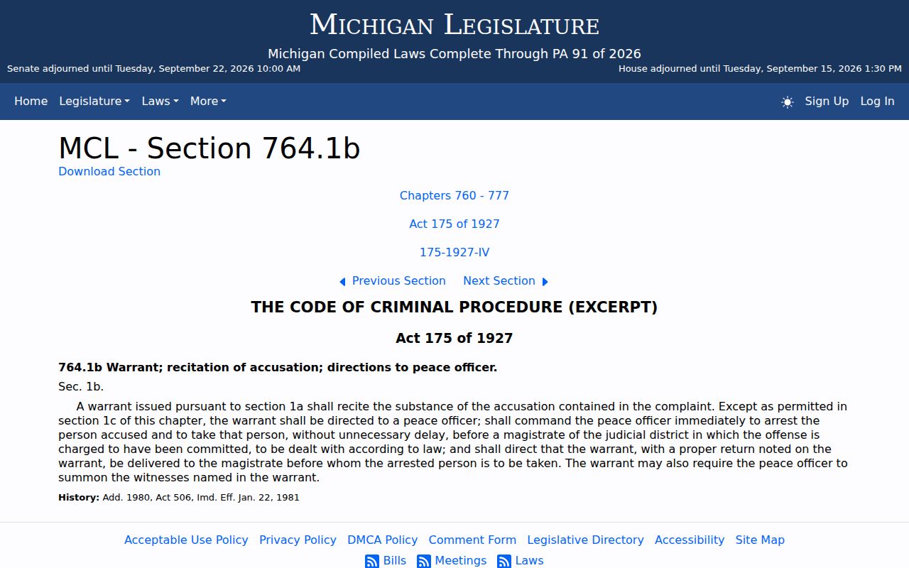 Calhoun County arrest warrant search: Michigan statute text on arrest warrant command and return