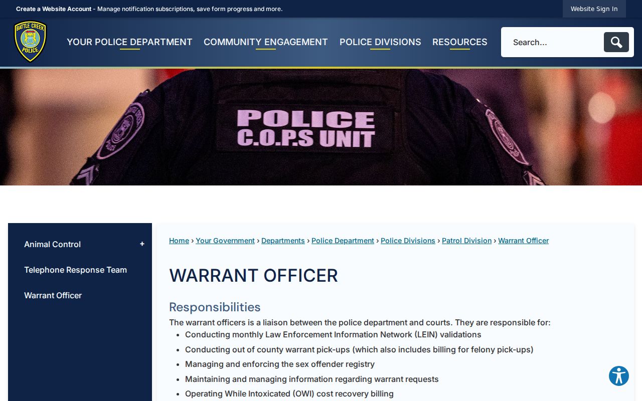 Calhoun County warrant records in Battle Creek: city police warrant officer page for court liaison and warrant administration