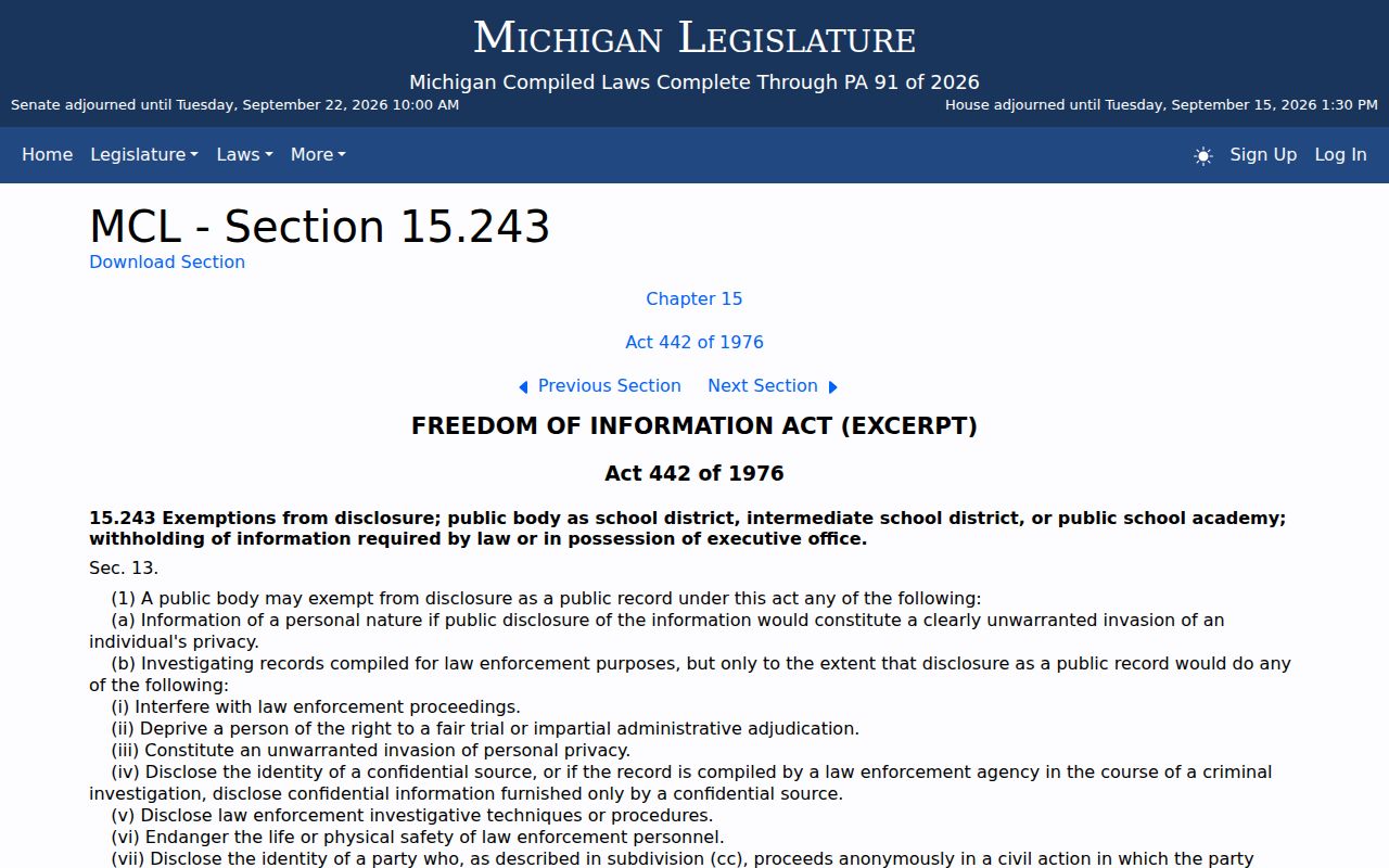 Calhoun County warrant lookup: Michigan FOIA exemption statute text on public record access