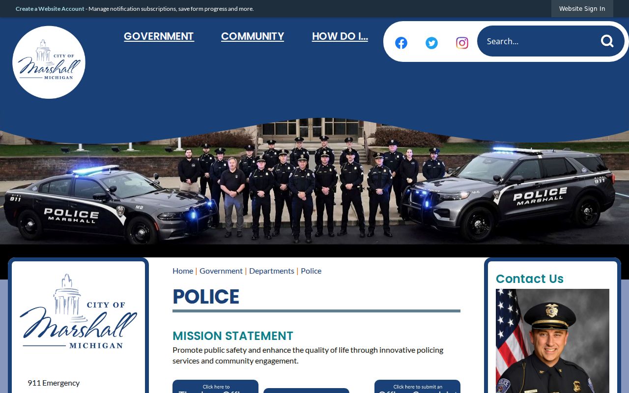 Marshall warrant search page: Marshall Police staffing, hours, annual reports, and dispatch instructions