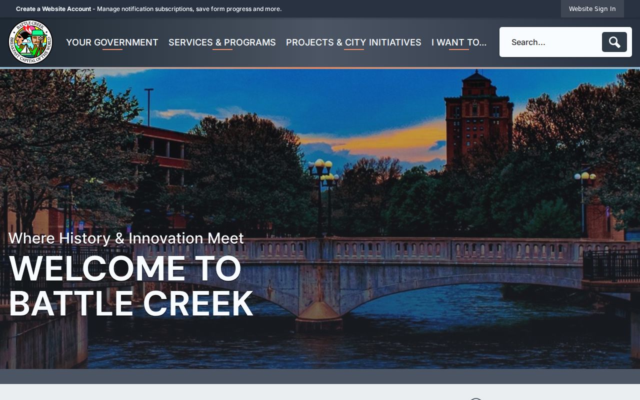 Battle Creek warrant search page: official Battle Creek municipal site for city hall and civic building context