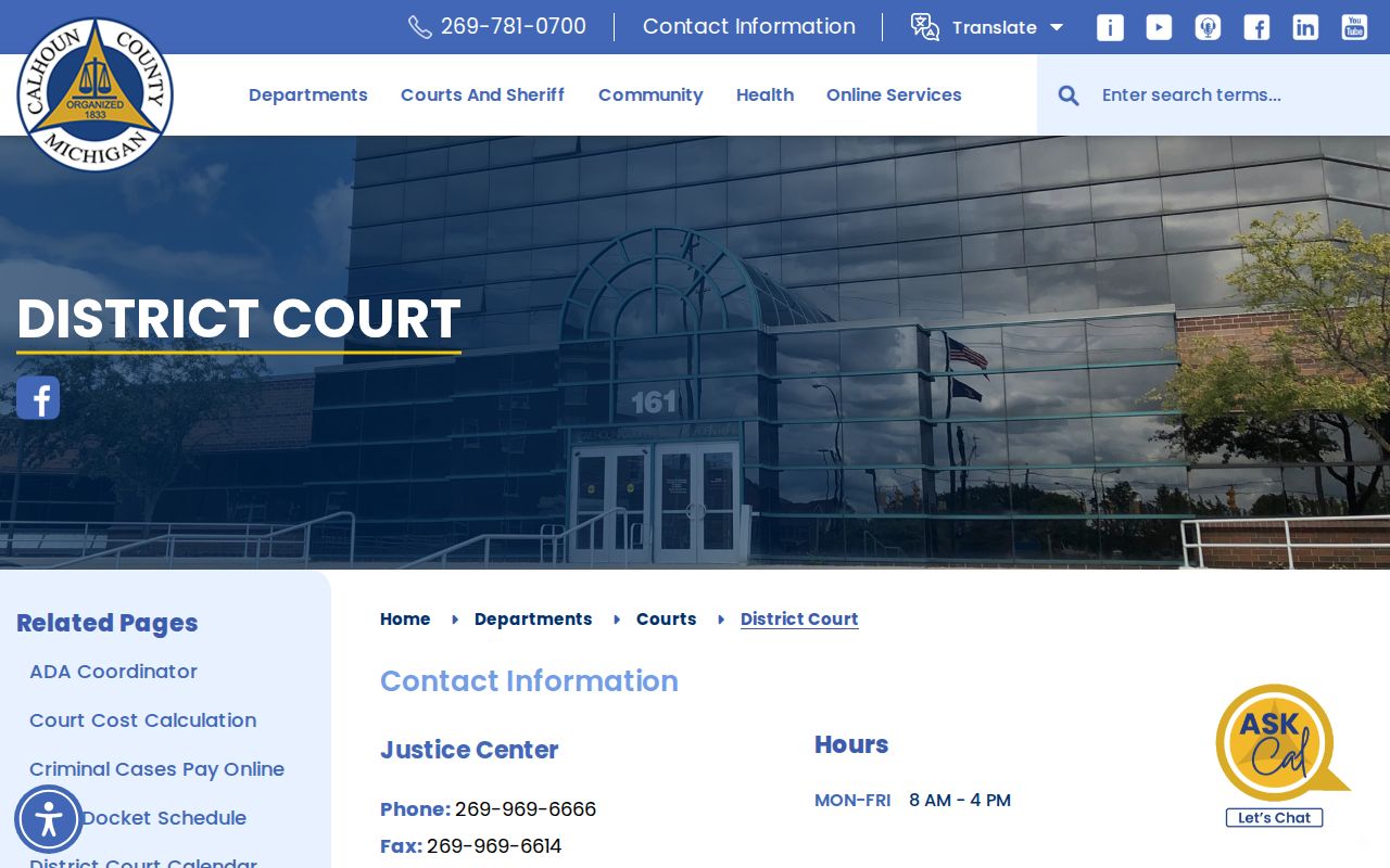 Calhoun County bench warrant search: 10th District Court page with case search and calendar links