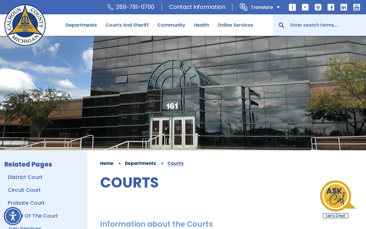 Calhoun County warrant records: county court map showing the three trial courts and Justice Center guidance