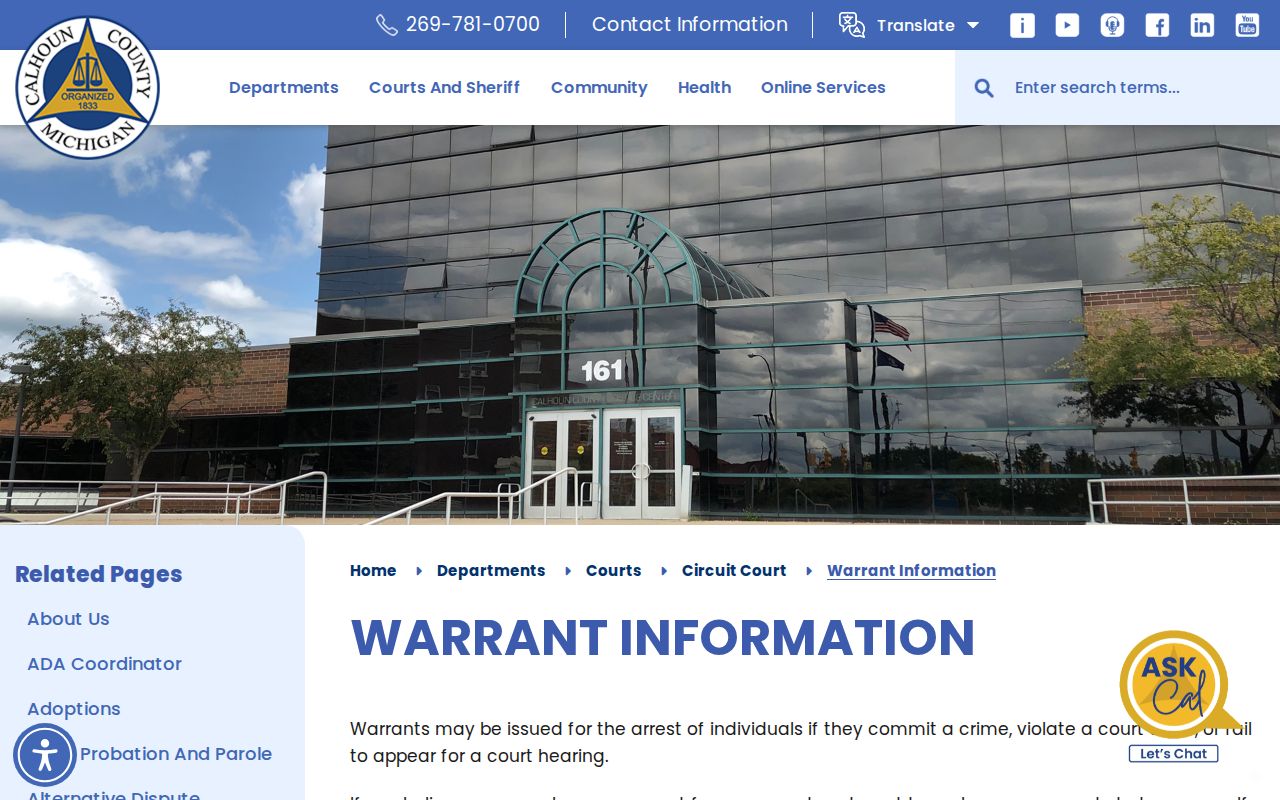 Calhoun County warrant records: official warrant information page with court and agency phone routing